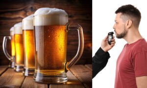 Pint mugs of foamy beer next to a man getting an alcohol breathalyzer test. Police inspector conducting alcohol breath testing, man blowing into breathalyzer on white background.