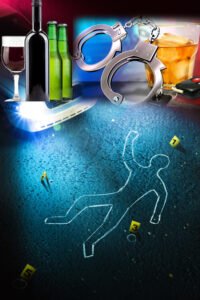 Images of alcohol bottles and handcuffs are superimposed over a crime scene with body outline, evidence markers and the headlights of a vehicle.