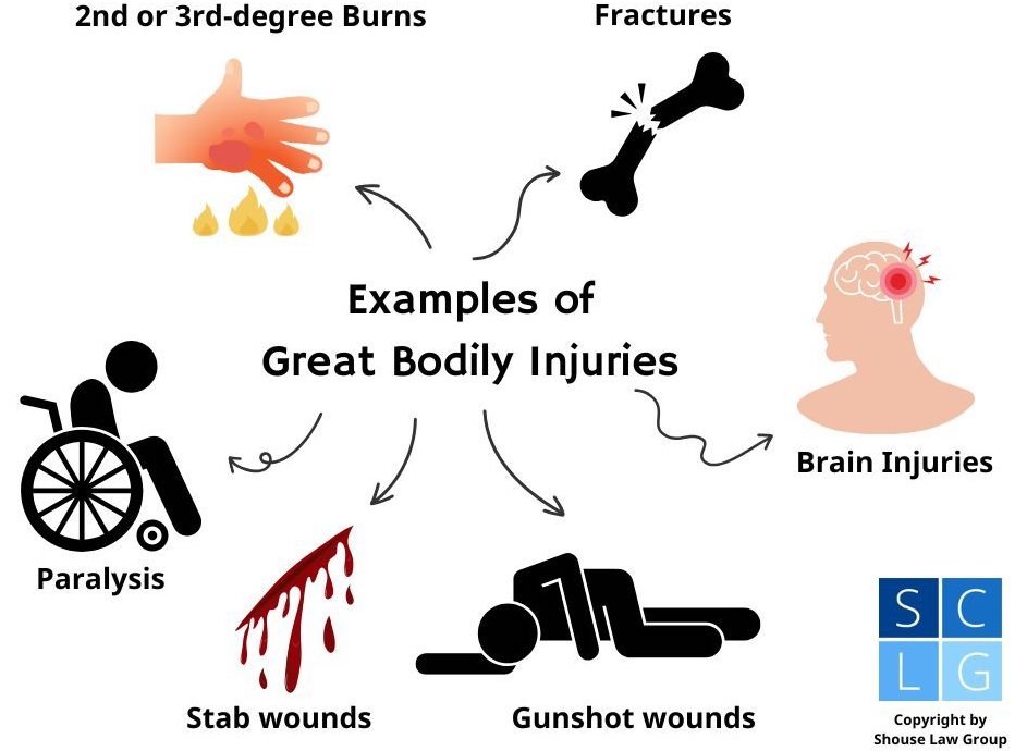 Gráfico que muestra ejemplos de lesiones corporales graves, como fracturas y parálisis